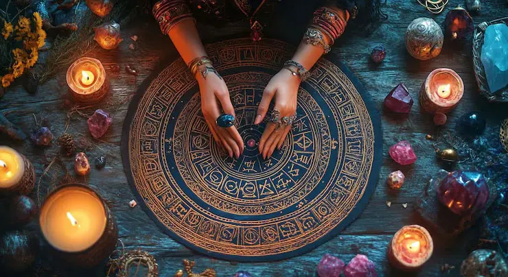 astrological guide by pandit kuber dev showing zodiac wheel and spiritual rituals